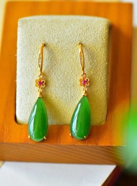 天然和田碧玉水滴耳坠绿色宝石耳环女士圆脸显瘦复古大气耳钩气质