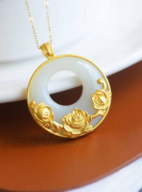 纯白玉莲花复古白玉S925纯银镶链玉坠送妈妈婆婆项坠/吊坠