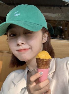 韩版新显白奶绿色棒球帽子女韩版春夏休闲复古软顶百搭刺绣鸭舌帽