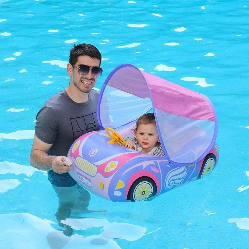 swimbobo新款粉色车子座圈儿童跑车型游泳圈带防晒遮阳棚喇叭坐圈