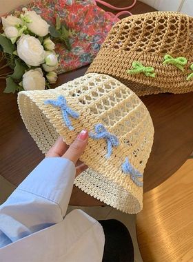 法式镂空蓝色蝴蝶结草帽女海边帽子新款小众设计感防晒沙滩遮阳帽