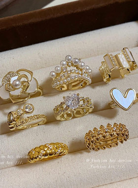 镀金花朵锆石珍珠戒指女2024年新款爆款食指戒轻奢高级感手饰