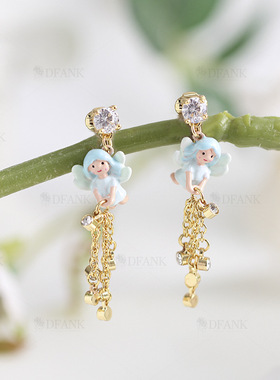 n2匹诺曹系列蓝色小天使流苏锆石耳钉无耳洞耳夹耳饰女新款个性