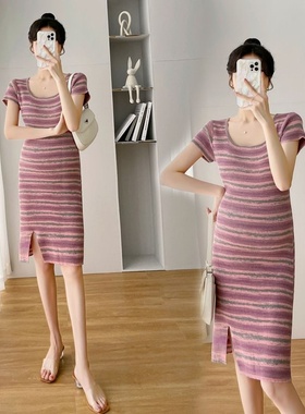 网红孕妇装条纹修身显瘦孕妇连衣裙粉色短款蓝色短款