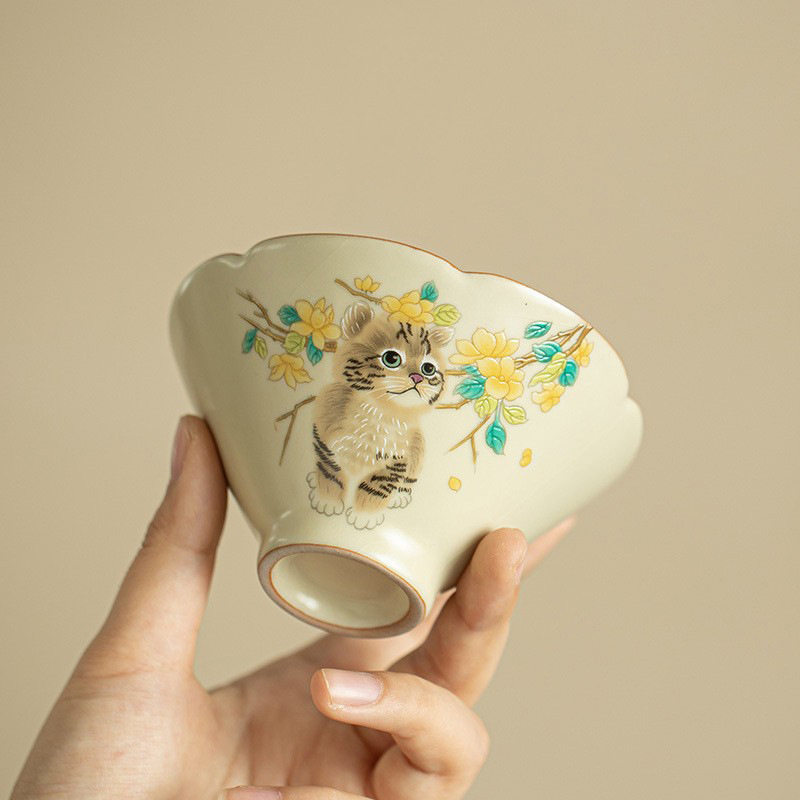 汝窑猫咪斗笠杯大号主人杯陶瓷