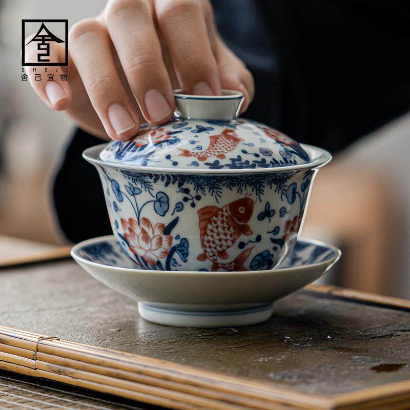 景德镇青花三才盖碗茶杯茶碗单个不烫手茶具套装功夫泡茶