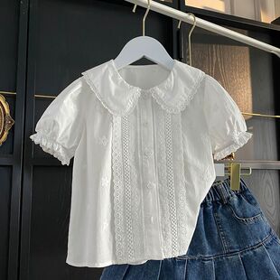 2026夏新款女童衬衣短袖娃娃衫儿童衬衫小衫上衣花边领法式洋气