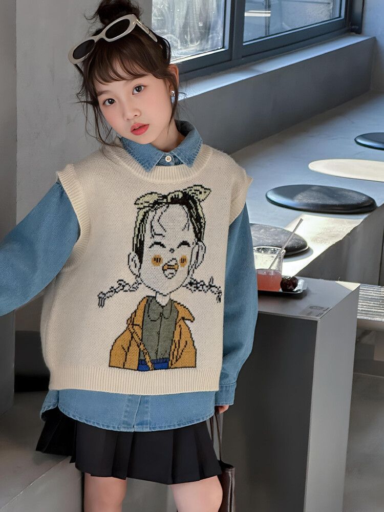 女童春秋套装针织马甲初中生秋装洋气毛衣背心牛仔衬衫时髦两件套