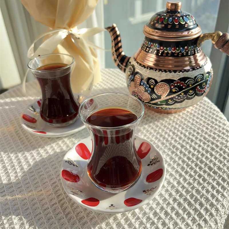 包邮土耳其经典特色郁金香欧式红茶杯 耐热无铅玻璃瓷碟送勺125ml