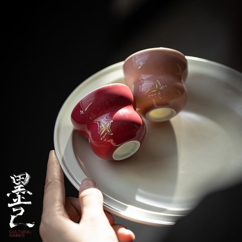 墨己 胭脂红葫芦茶杯 功夫茶具文人品茗杯 金银错舞蝶陶瓷主人杯