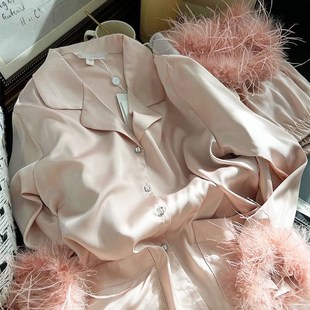家居服高级 甜美清新羽毛袖 睡衣女春秋款 冰y丝缎面驼鸟毛长袖 长裤