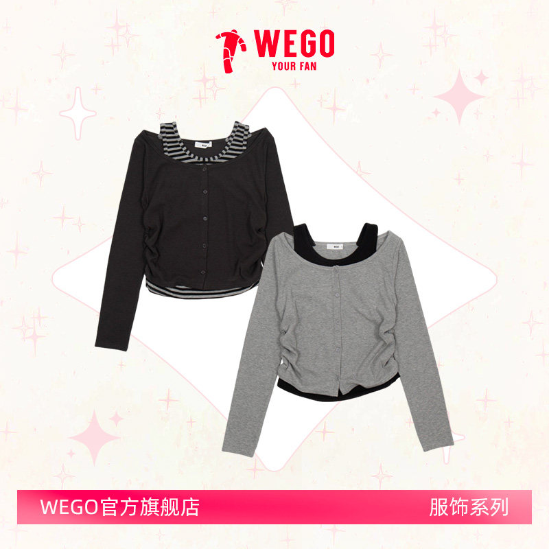 WEGO女式针织长袖T恤学院风印花T恤女抽绳短袖上衣WE26SP02-L0026
