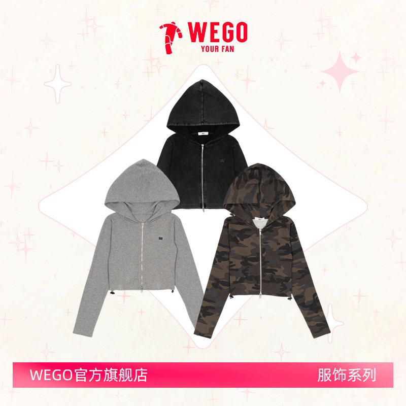 WEGO短款连帽卫衣女拉链迷彩休闲外套落肩袖运动风WE26SP03-L0002