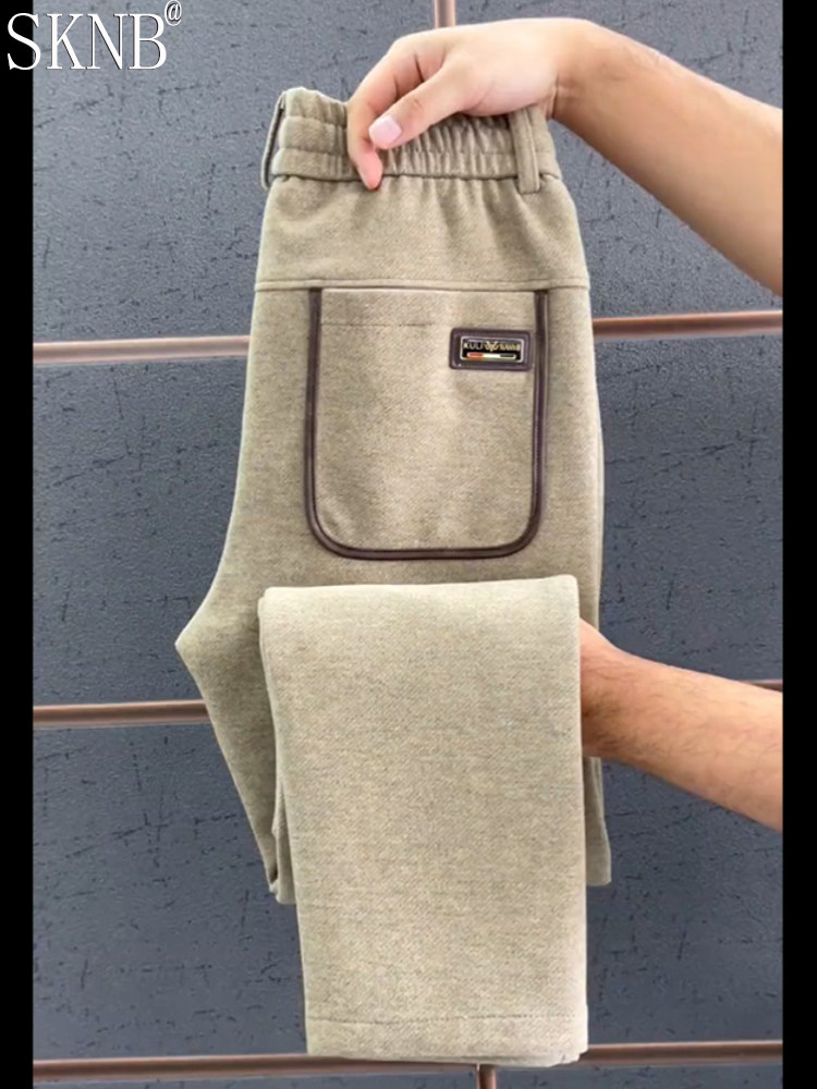 纯色毛呢卫裤男士秋季新款直筒简约百搭口袋松紧腰拼色休闲长裤子