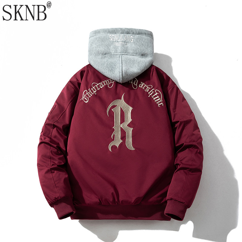 美式复古飞行员夹克男款秋冬季加厚棉服刺绣红色本命年棒球服外套