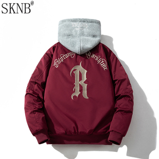 美式复古飞行员夹克男款秋冬季加厚棉服刺绣红色本命年棒球服外套