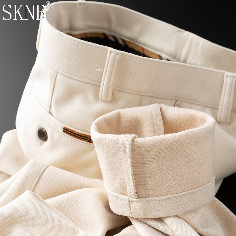 高端杏色毛呢休闲西裤男秋冬季修身商务加厚保暖男款宽松直筒裤子