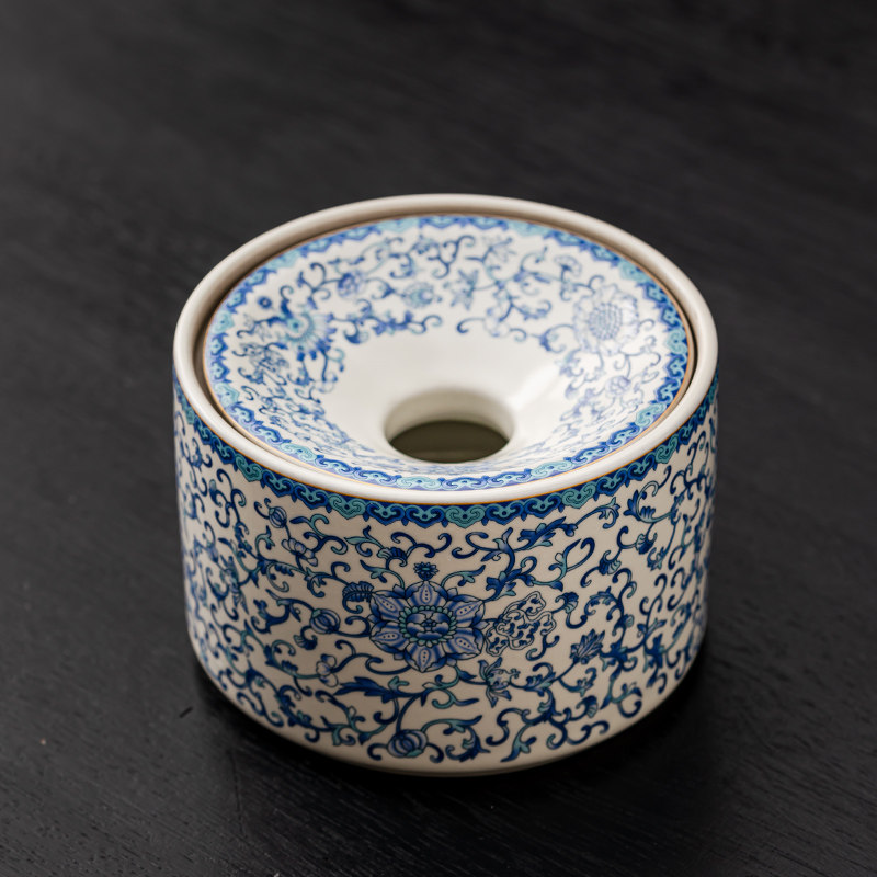 青花茶渣缸茶洗汝窑缠枝莲烟灰缸带盖防飞灰建水盂陶瓷插花器水培