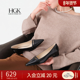 HGK巴黎书店 2026春黑色真皮尖头乐福鞋一脚蹬气质英伦风小皮鞋女