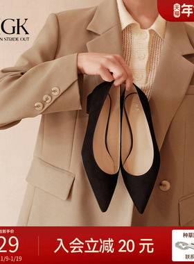 HGK花苞鞋 羊绒舒适通勤不累脚粗跟尖头黑色低跟单鞋女WAI01AQ5
