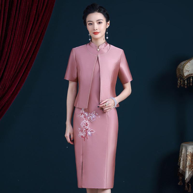 优雅气质中年旗袍高贵喜婆婆婚宴装结婚妈妈礼服两件套夏装连衣裙