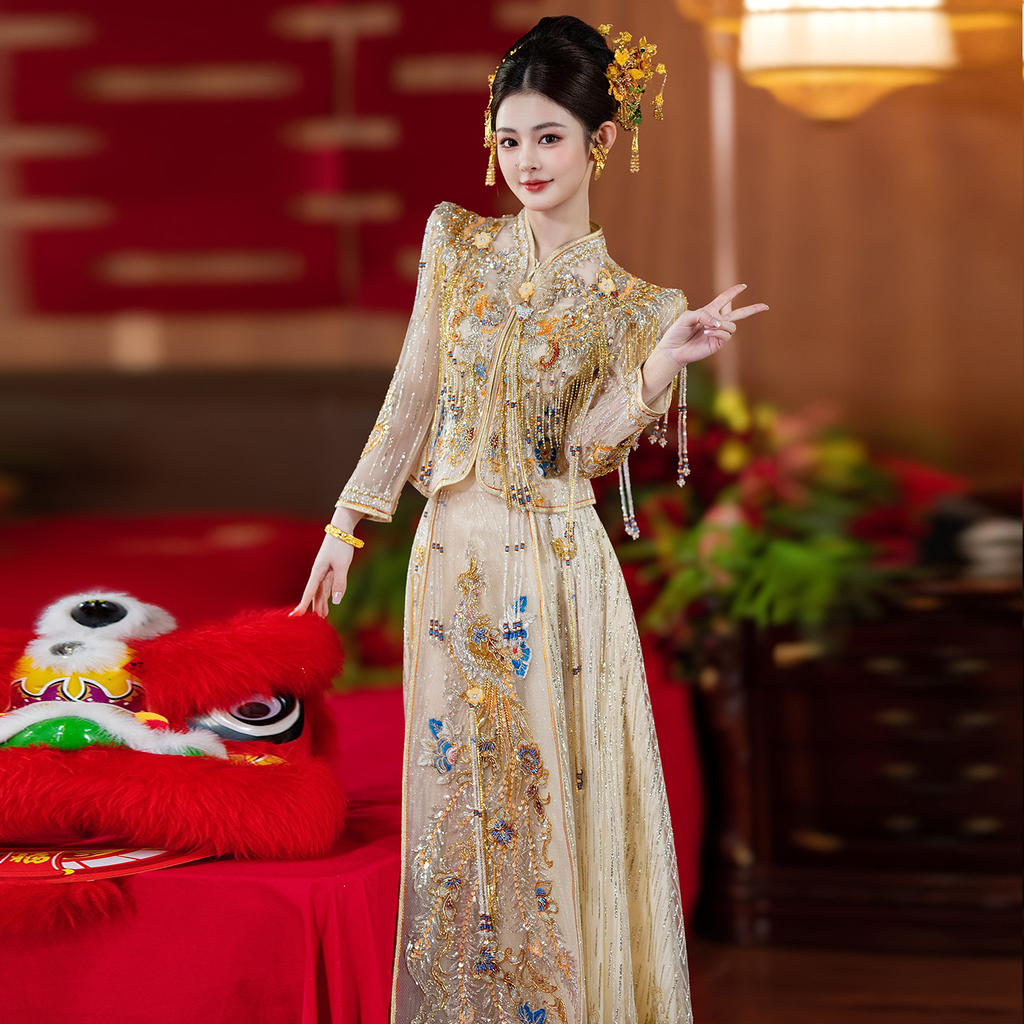 妮悦格香槟色新娘结婚秀禾服2026新款中式婚礼显瘦嫁衣重工婚服