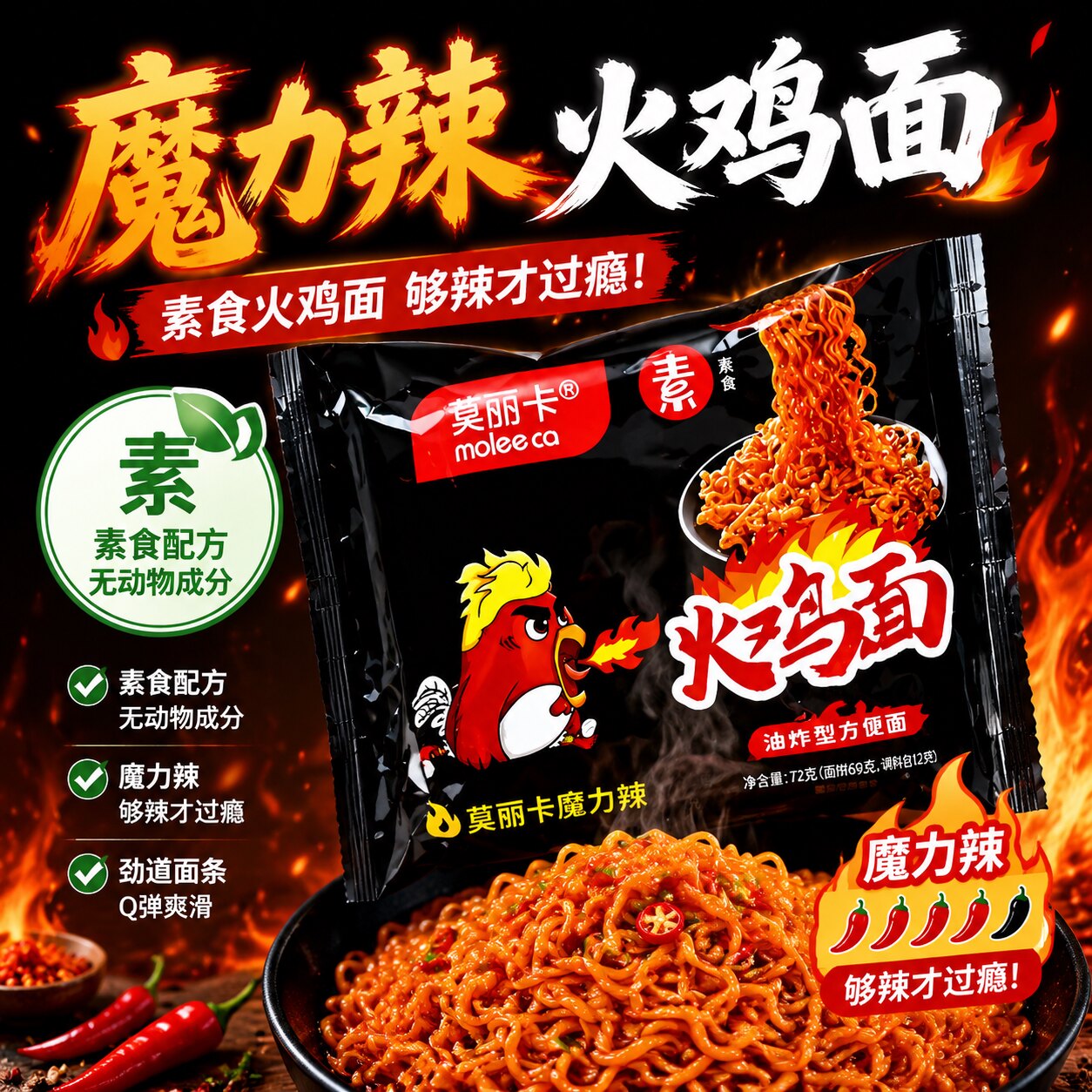 莫丽卡火鸡面袋装韩式拌面超辣素食方便面懒人超辣夜宵冲泡速食面