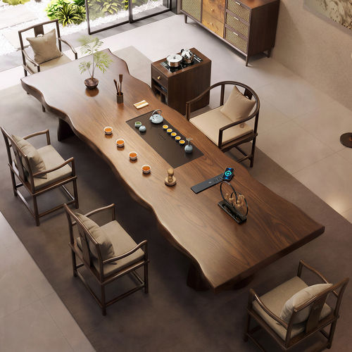 新中式长款实木茶桌内嵌茶盘商用居家两用整木泡茶大板茶台喝茶桌