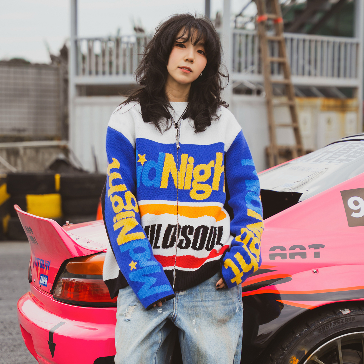 wildsoul-MIDNIGHT湾岸风赛车抗静电拉链翻领宽松毛衣外套