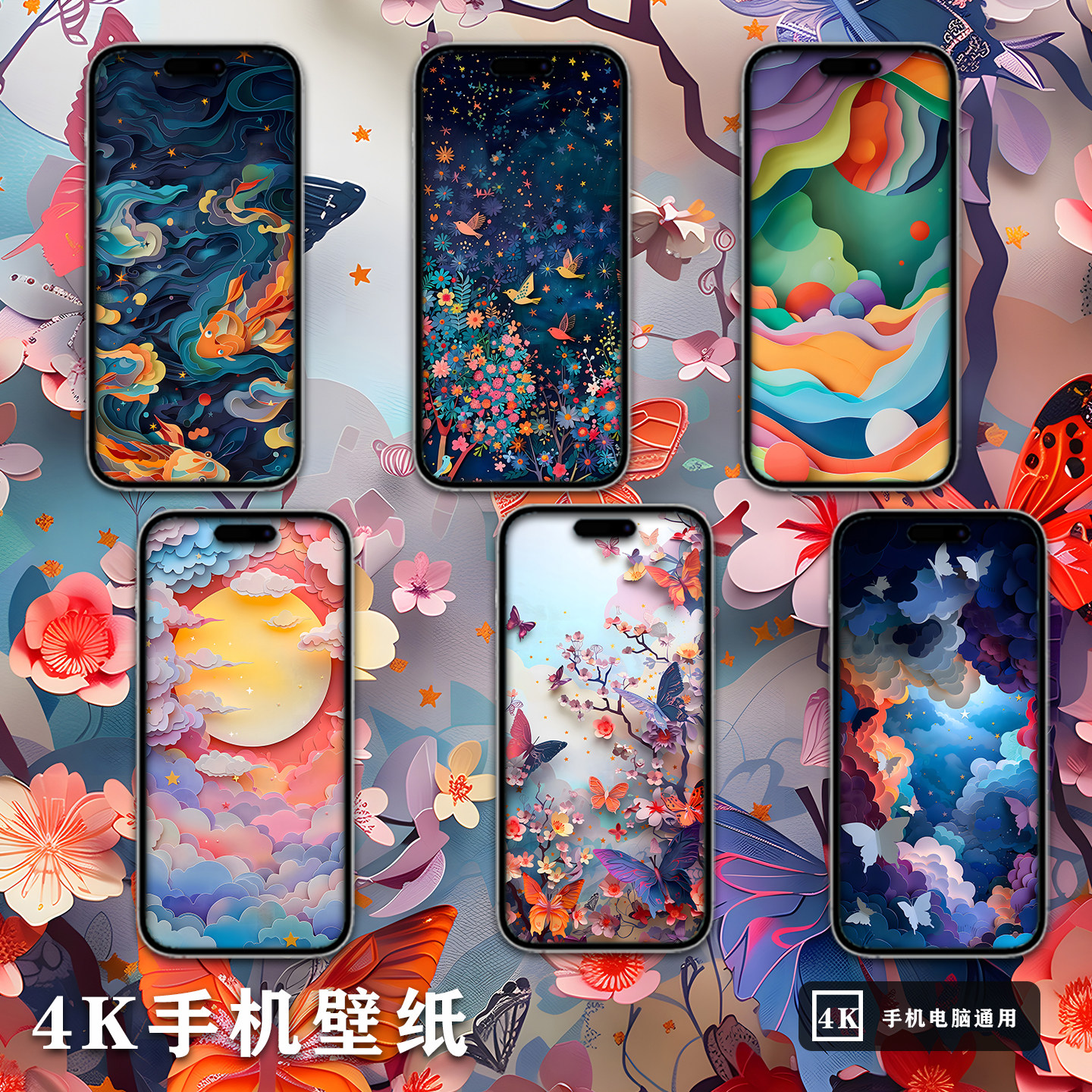 4K手机壁纸折纸风格花卉蝴蝶插画设计素材手机电脑通用高清壁纸