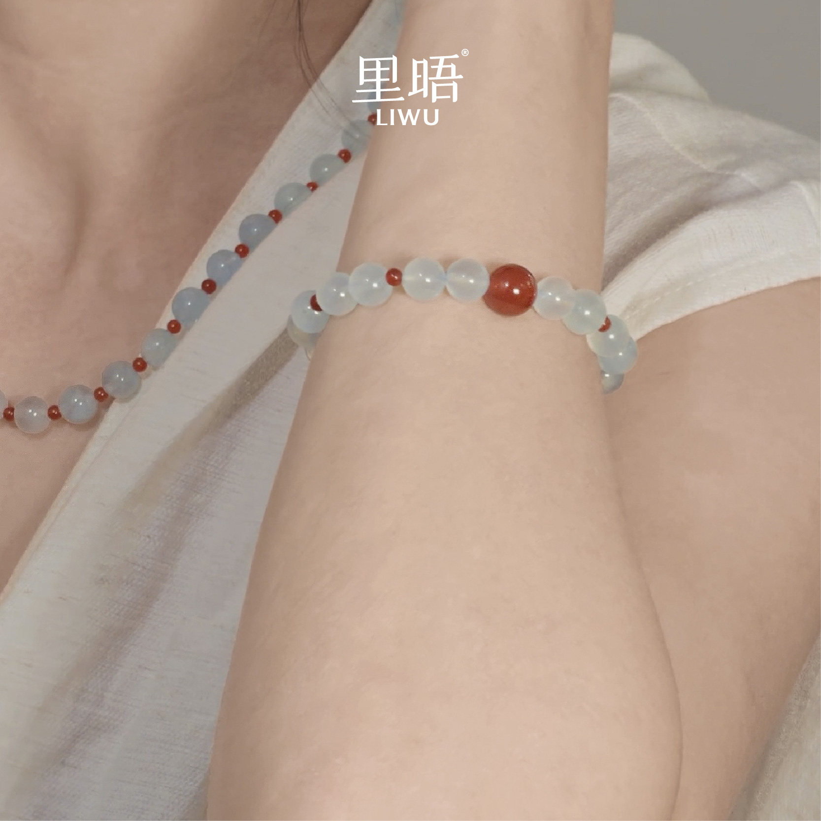 里晤LIWU蓝雾系列|海蓝宝红玛瑙弹力手串新中式显白小众女生送礼