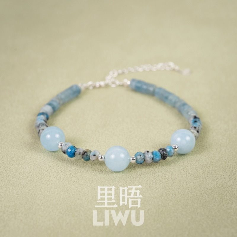 S925纯银海蓝宝蓝点石手链新中式