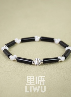 里晤S925纯银黑玛瑙拉丝银球贝珠手链新中式节日送女友生日礼物