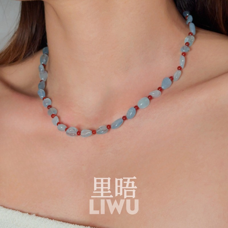 S925纯银海蓝宝红玛瑙项链新中式