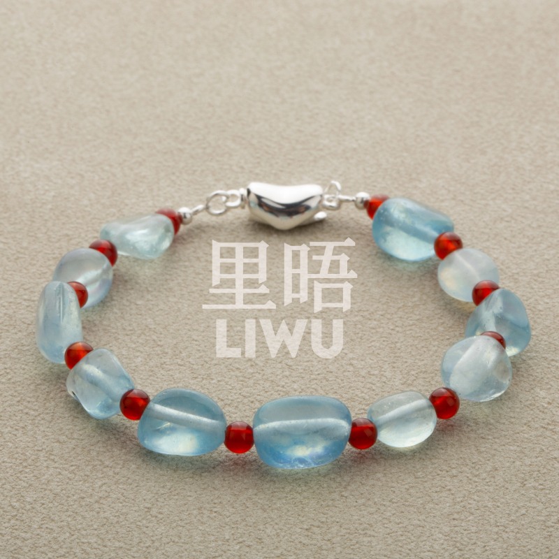 里晤LIWU·蓝雾系列|925银元宝扣海蓝宝红玛瑙手链手串新中式送礼