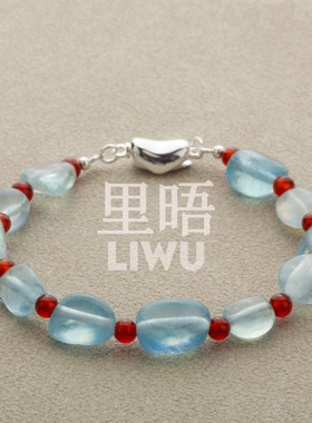 里晤LIWU 蓝雾系列925银元宝扣海蓝宝红玛瑙手链新中式新年圣诞礼