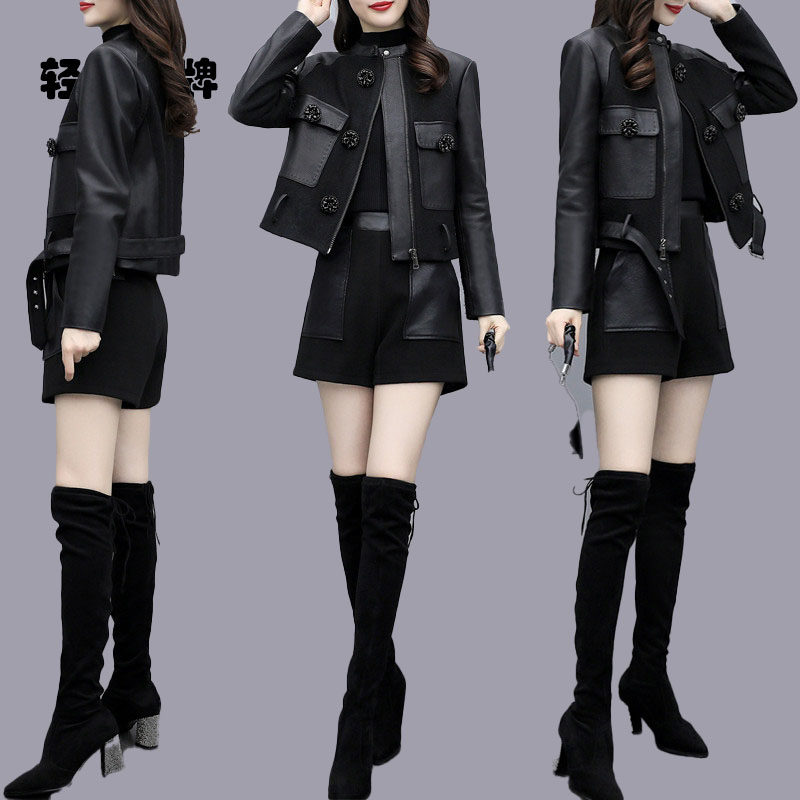 朗姿约定2025春秋新款女装皮拼接毛呢上衣短裤两件套短款皮衣套装,女装/女士精品,时尚套装,淘宝优惠券,粉丝福利购,淘宝优惠卷