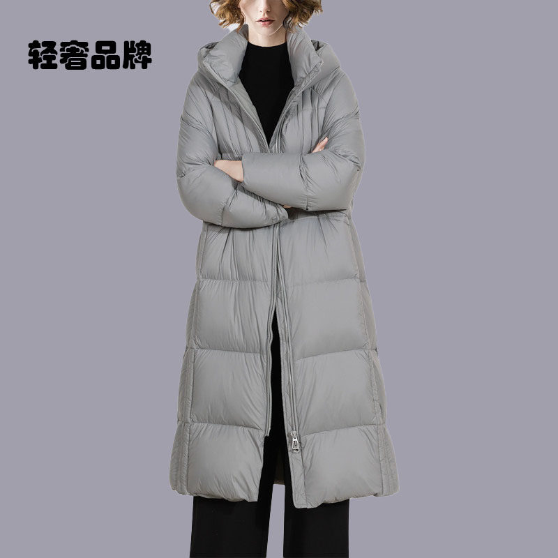 朗姿约定直筒版中长款羽绒服女2026冬季新款灰色连帽白鸭绒外套