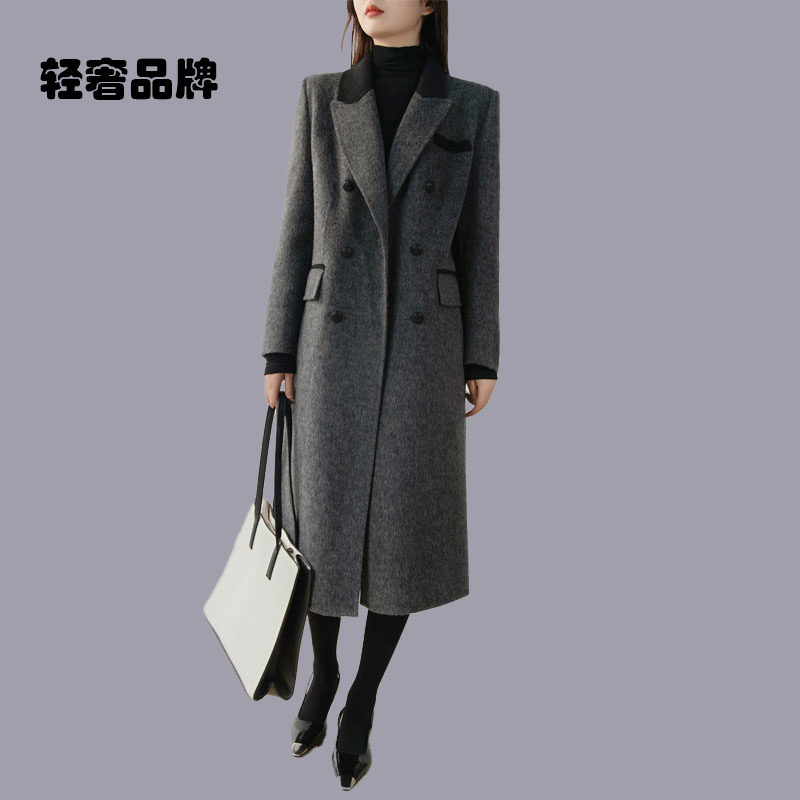 朗姿约定正肩h型双面呢羊毛大衣女中长款拼接羊驼绒厚毛呢外套