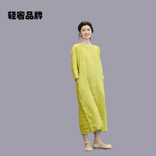 特D284朵/自然文艺纯亚麻连衣裙出游宽松大码长款叠穿棉麻裙