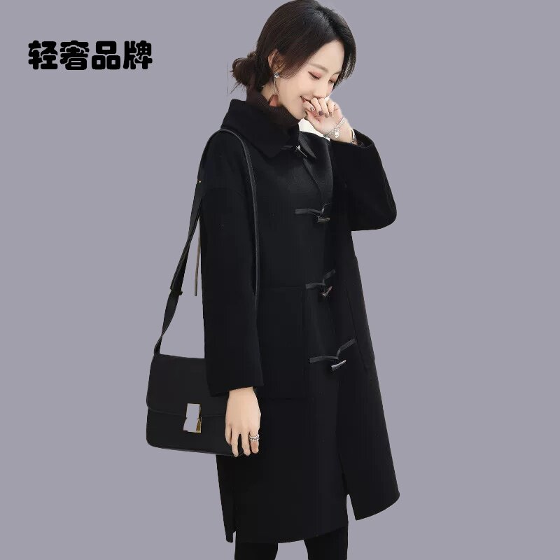 双面呢大衣女2025年新款黑色高端牛角扣毛呢外套女零羊绒大衣显瘦