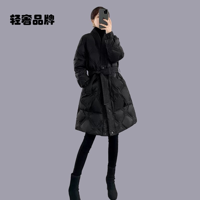 朗姿约定2025冬季新款女装修身中长款羽绒服女V领白鸭绒外套加厚