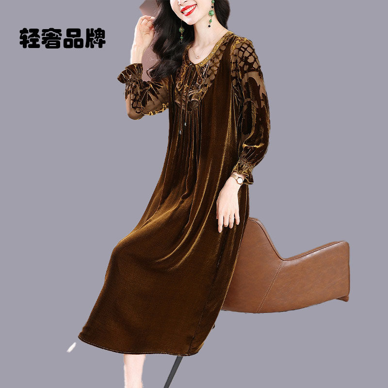 朗姿约定真丝绒连衣裙秋2026新款大码裙贵夫人高端奢华复古烧花裙