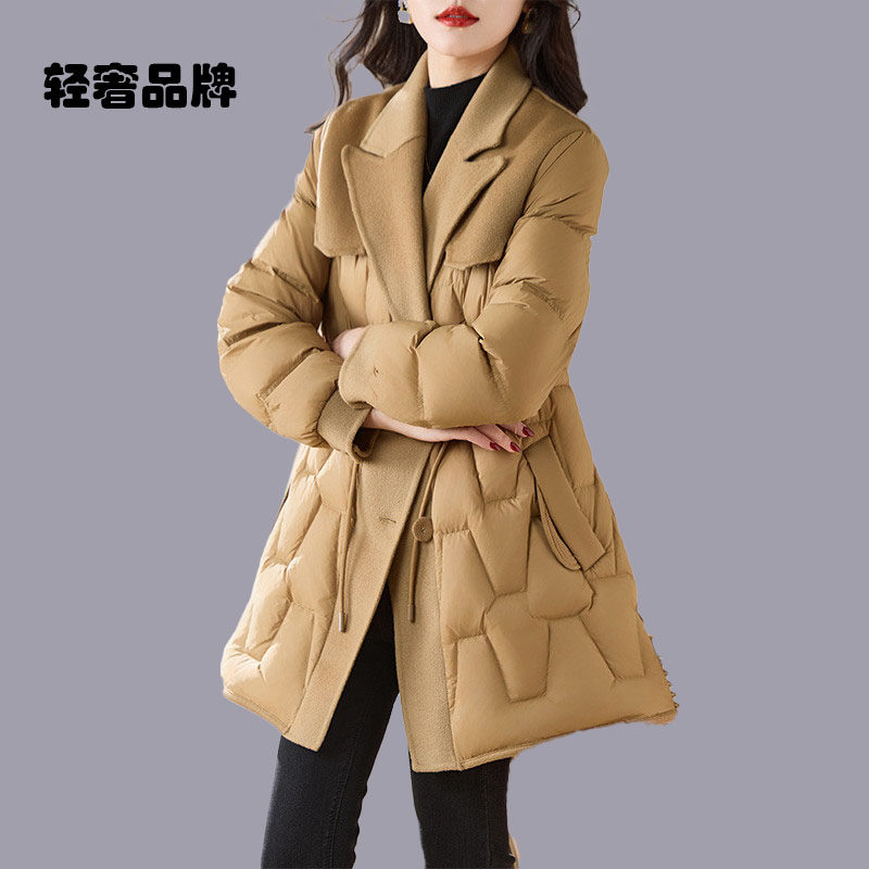 朗姿约定时尚拼接羊毛呢中长款羽绒服女冬季2026新款小个子气质