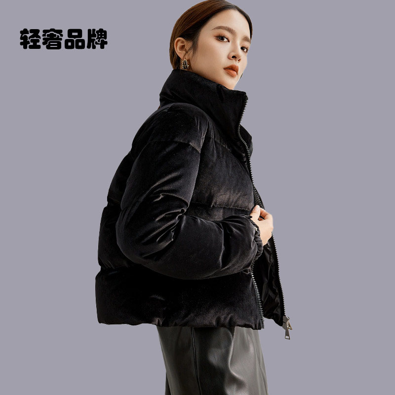 朗姿约定金丝绒90大白鹅绒羽绒服女短款冬季加厚保暖立领2025新款