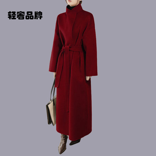 朗姿约定红色超长款立领双面呢大衣女高级感直筒羊毛呢外套冬