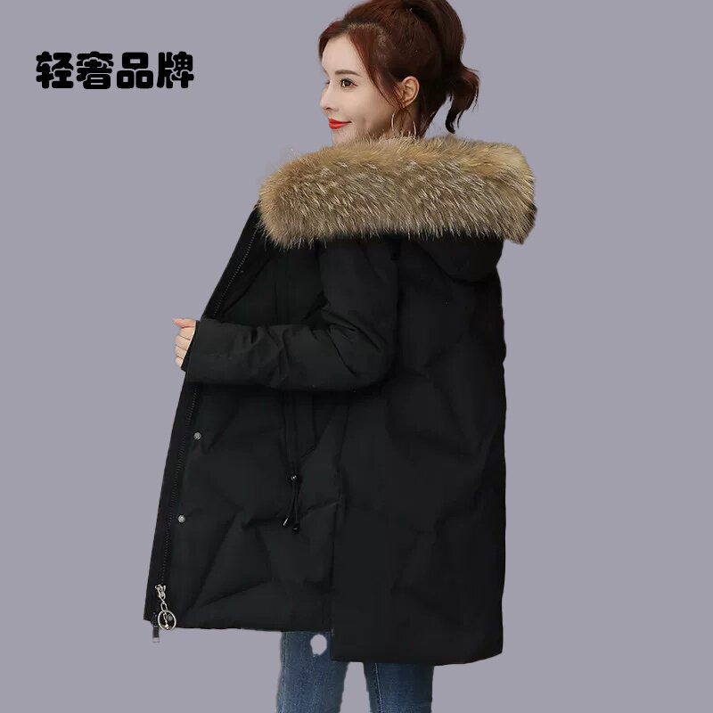 白鸭绒羽绒服女士中长款外套时尚真大毛领黑色2023年新款冬季品牌