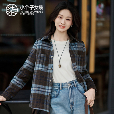 柒量一裁羊毛混纺小个子衬衫格纹