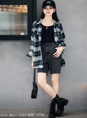 柒量一裁小个子夏款黑色显瘦直筒牛仔短裤女休闲百搭牛仔裤0769