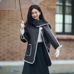 【大柒】小个子羊毛桑蚕丝骆驼绒外套流苏女冬季双面呢大衣 5549